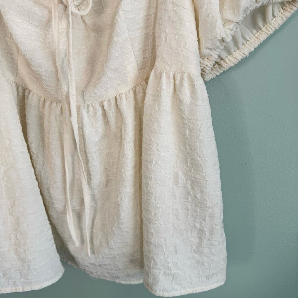 Future Collective Textured Knit Square Tie Neck Puff Sleeve Top Cream XXL Plus - Picture 9 of 11